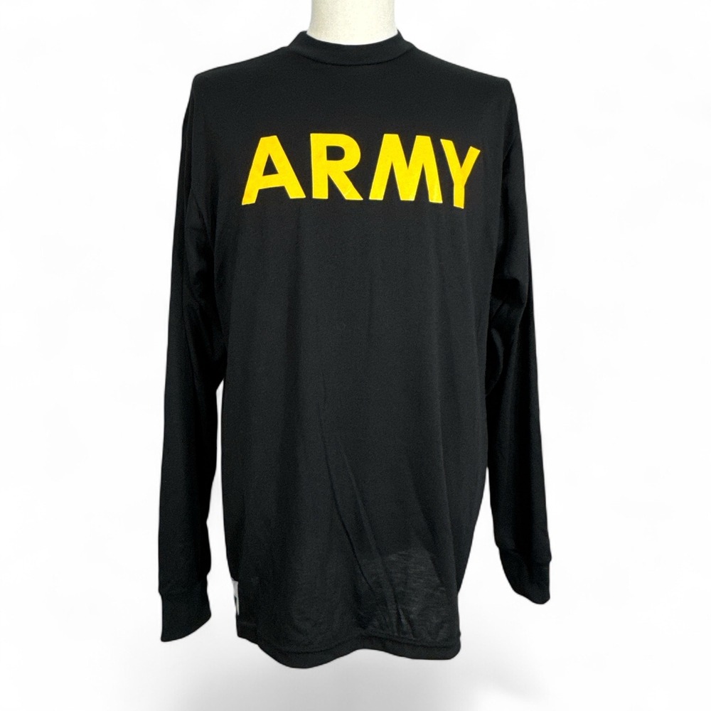 US Army APFU Long Sleeve T-Shirt Black Yellow Graphic Men Lrg Moisture Wick NWOT